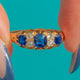 Victorian boat ring, three blue Sapphires and paired Diamonds