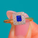 FINE Art Deco 18ct Gold & Platinum Sapphire Diamond Square Cluster Ring, angled front